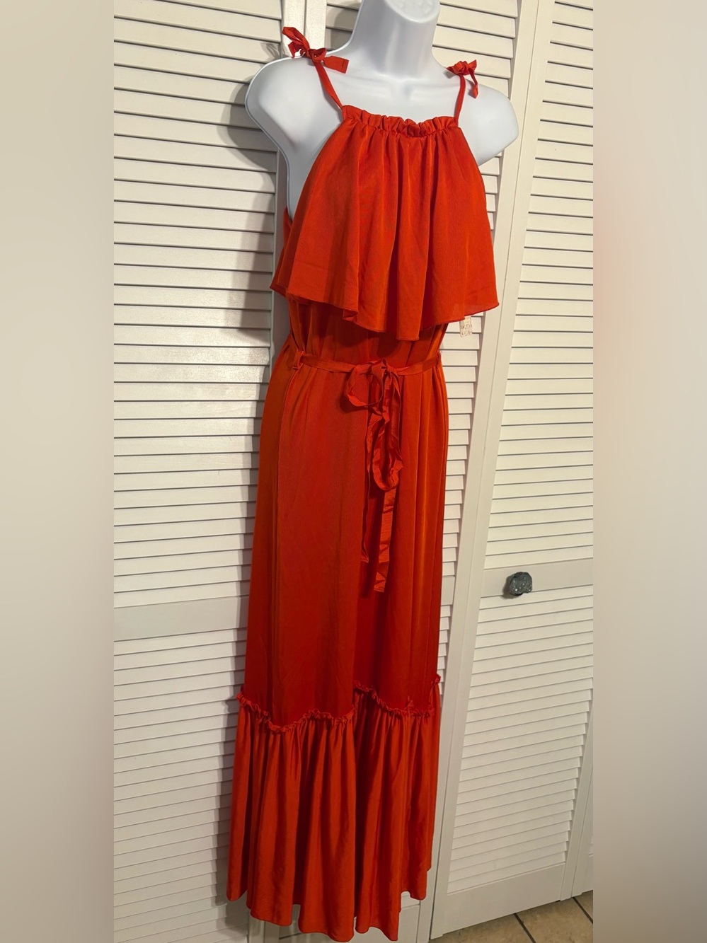 Free People Red Tie-Shoulder Ruffle Maxi Dress